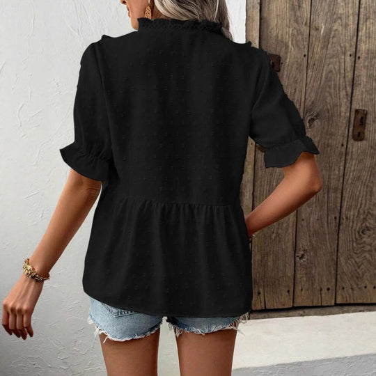 Damen elegantes Blusenshirt mit Rüschendetails und V-Ausschnitt EB