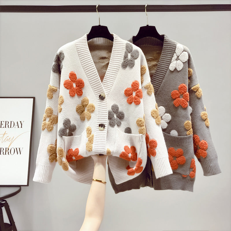 Damen Kuscheliger Strick-Cardigan mit floralen Applikationen und Knöpfen EB