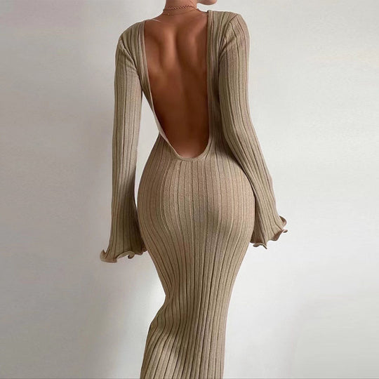 Damen Figurbetontes Maxikleid mit tiefem Rückenausschnitt und Rippstruktur EB