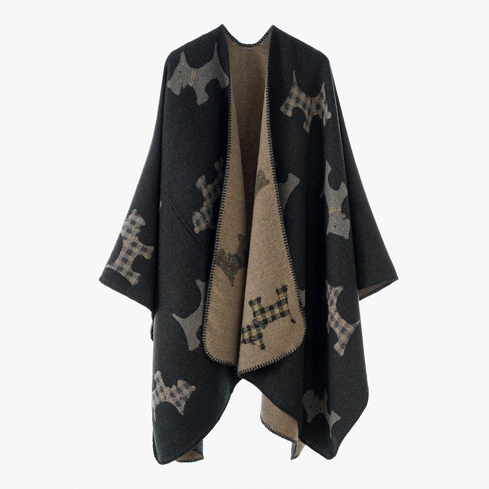 Damen Reversibler Wollmix-Umhang mit Terrier-Jacquardmuster EB