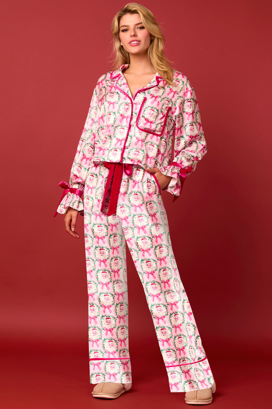 Damen luxuriöses Satin-Pyjama-Set mit niedlichem Nutcracker-Motiv EB