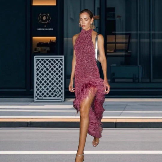 Damen Festliches Pailletten Abendkleid mit asymmetrischem Saum und Federdetails EB