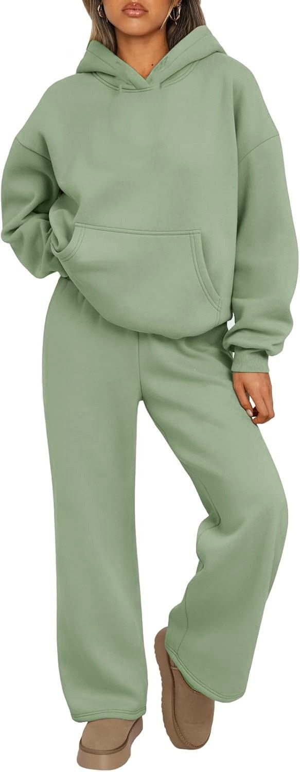 Damen nan Cozy-Loungewear-Set mit oversized Kapuzenpullover, Kängurutasche und weiten Palazzo-Jogginghose EB