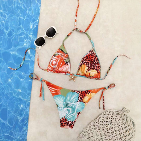Damen Triangel-Bikini mit floralem Design und verstellbaren Bändern EB