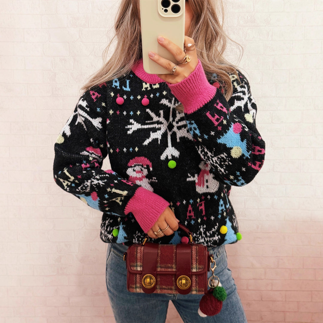 Damen festlicher Pullover mit farbenfrohen Weihnachtsmotiven und verspielten Details EB