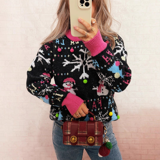 Damen festlicher Pullover mit farbenfrohen Weihnachtsmotiven und verspielten Details EB