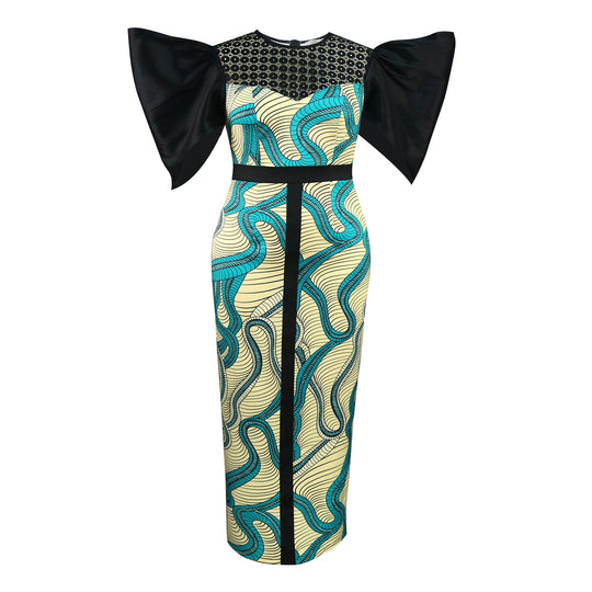 Damen Elegantes Maxikleid mit Volumenärmel und einzigartigem Muster EB