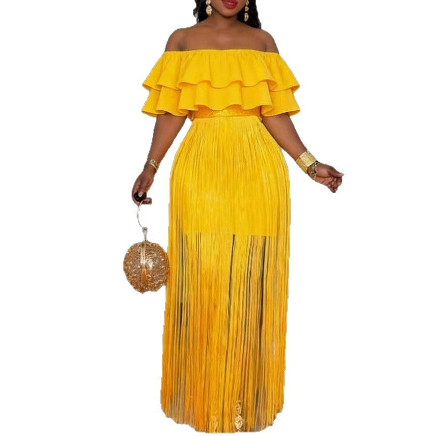 Damen Elegantes Off-Shoulder Kleid mit voluminösem Rüschensaum und fransigem Design EB