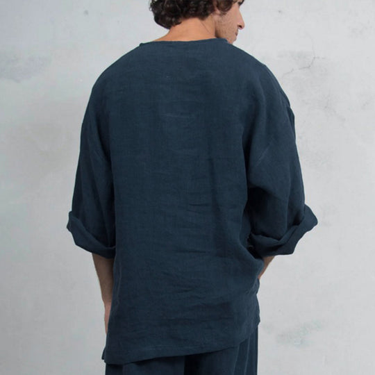 Herren lässiges Leinenoberteil mit Henley-Ausschnitt und praktischer Kängurutasche EB