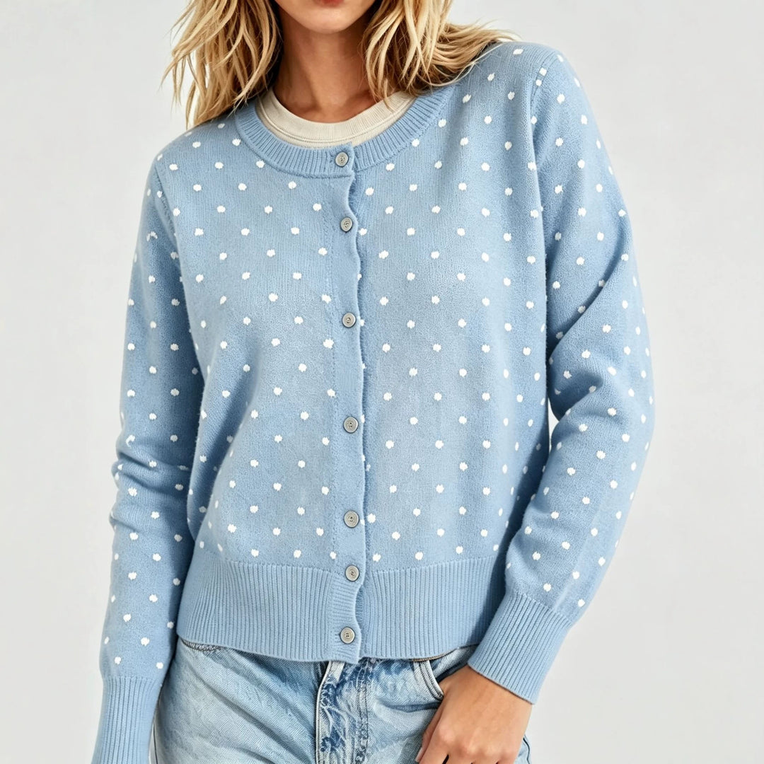 Damen Gepunktete Feinstrick-Cardigan mit Rundhals und Rippbündchen EB