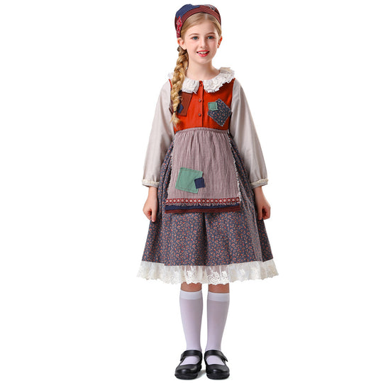 Damen nan vintageinspiriertes Rüschenkleid mit abnehmbarer Schürze und Spitzenbesatz EB
