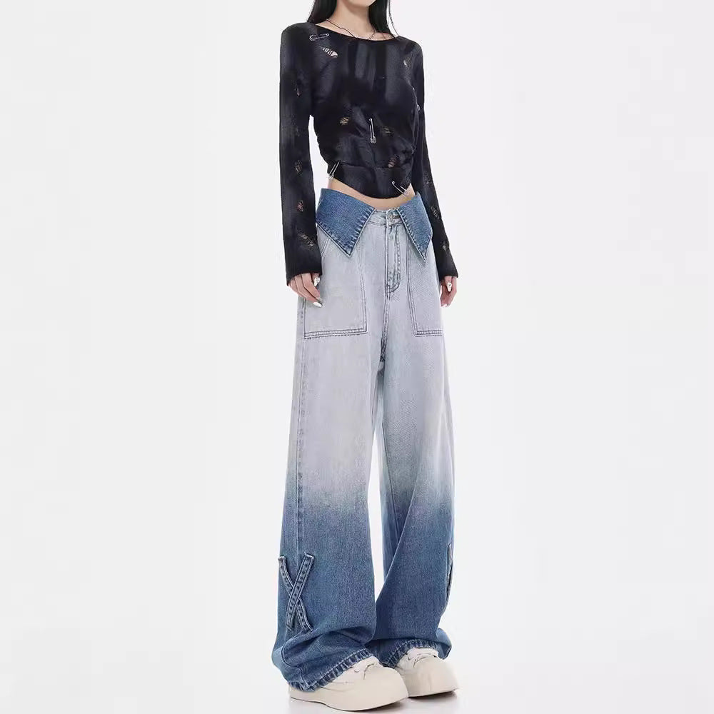 Damen Weite Denim-Jeans mit einzigartigem Farbverlauf und modischen Akzenten EB