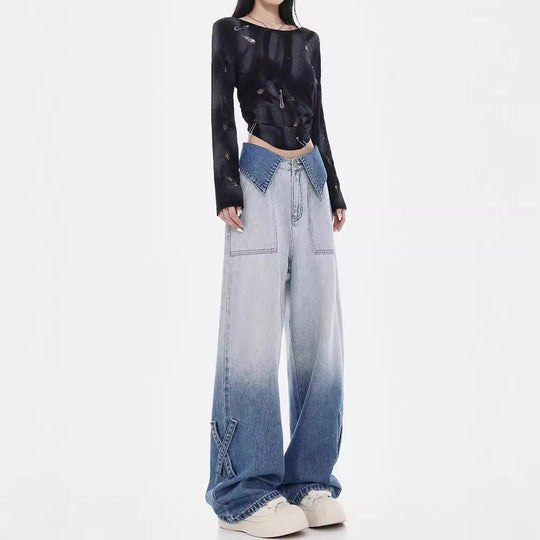 Damen Weite Denim-Jeans mit einzigartigem Farbverlauf und modischen Akzenten EB