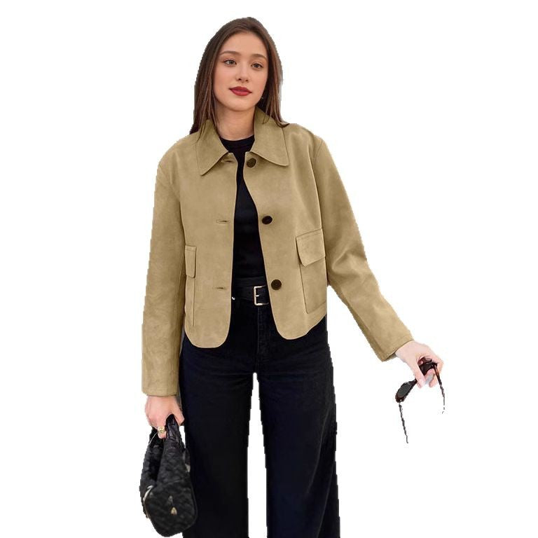 Damen Elegante Kunstlederjacke mit angedeuteten Taschen EB