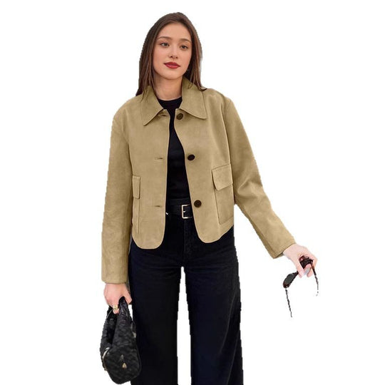 Damen Elegante Kunstlederjacke mit angedeuteten Taschen EB