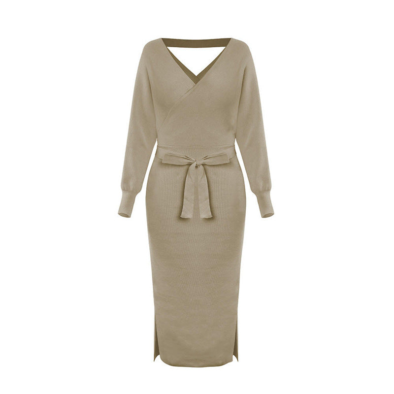 Damen Strickkleid mit Wickeloptik und seitlichem Schlitz EB