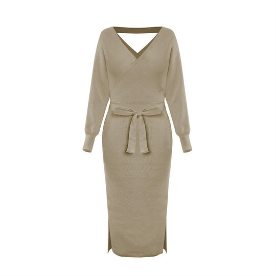 Damen Strickkleid mit Wickeloptik und seitlichem Schlitz EB