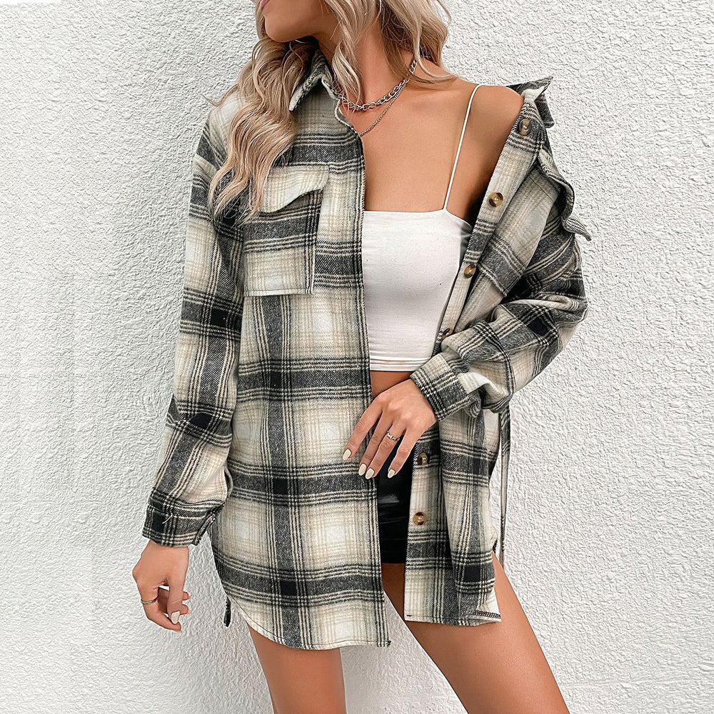 Damen lässige Karo-Hemdjacke mit modischen Knopfdetails und leichter Baumwollqualität EB