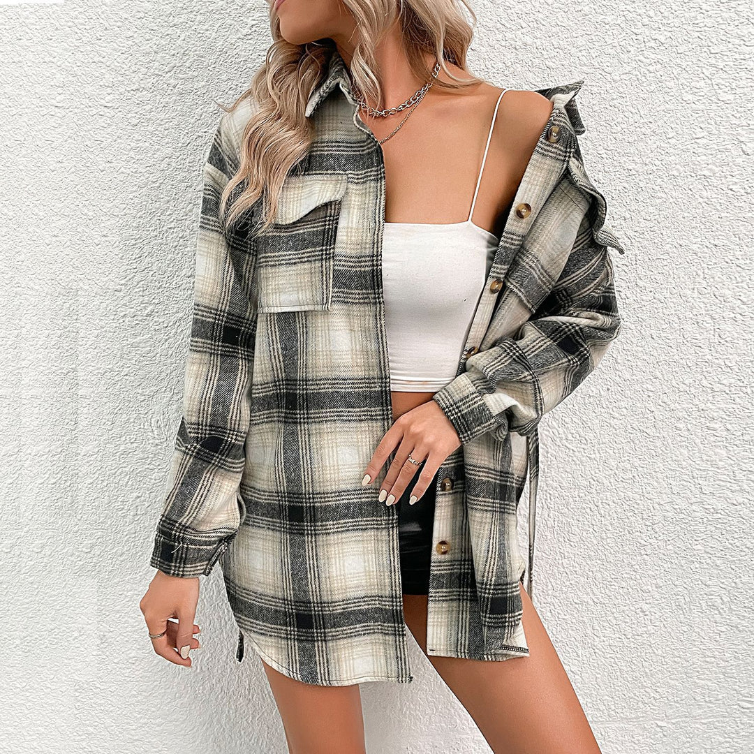Damen lässige Karo-Hemdjacke mit modischen Knopfdetails und leichter Baumwollqualität EB