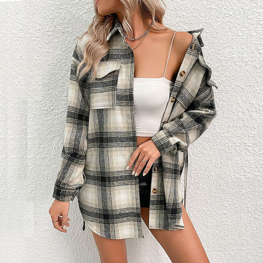 Damen lässige Karo-Hemdjacke mit modischen Knopfdetails und leichter Baumwollqualität EB