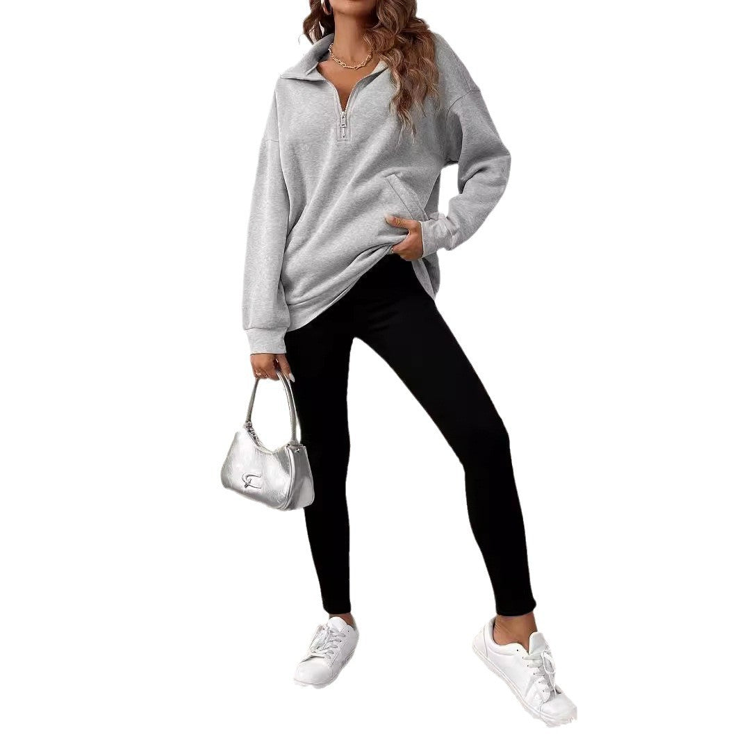 Damen Freizeitlicher Pullover mit kurzem Reißverschluss und Kängurutasche EB