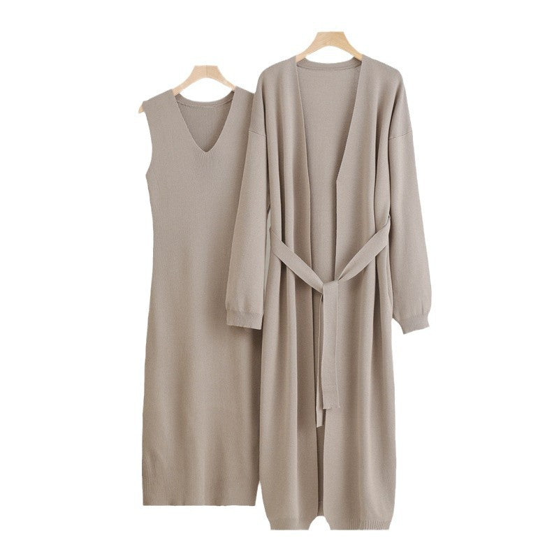 Damen 2-teiliges Kleid und Cardigan-Set mit V-Ausschnitt EB