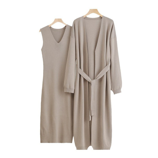 Damen 2-teiliges Kleid und Cardigan-Set mit V-Ausschnitt EB