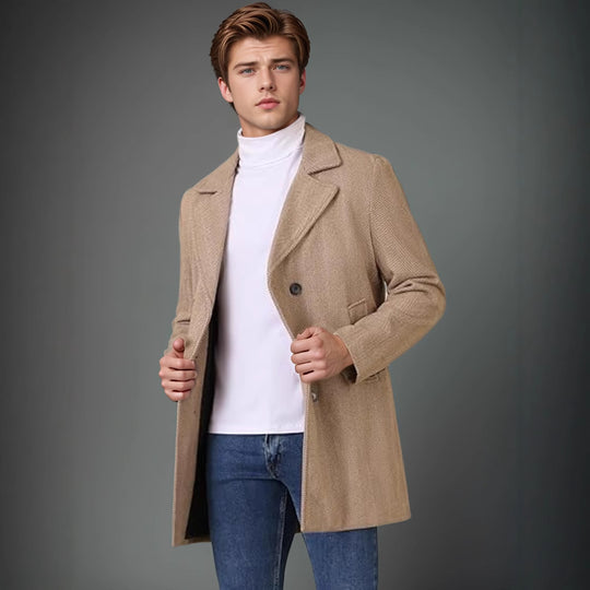 Herren eleganter Wende-Mantel mit doppelter Knopfleiste und verborgenem Gürtel EB