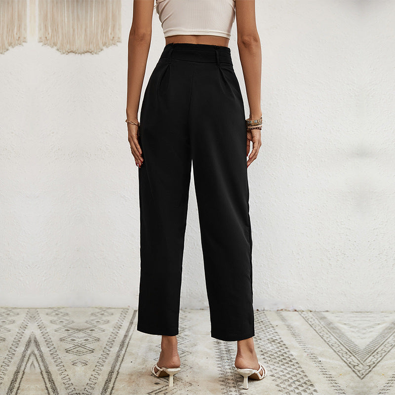 Damen elegante Haremshose mit Binde-Gürtel und Knopfdetails EB