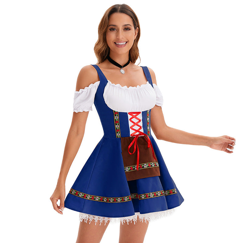 Damen nan kurzes Trachtenkleid im Dirndlstil mit Schnürung, schulterfreiem Carmen-Ausschnitt und Zierschürze EB