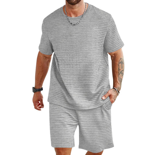 Herren nan leichter Freizeit-Zweiteiler in Waffelstruktur mit Rundhals-T-Shirt und komfortablen Shorts EB
