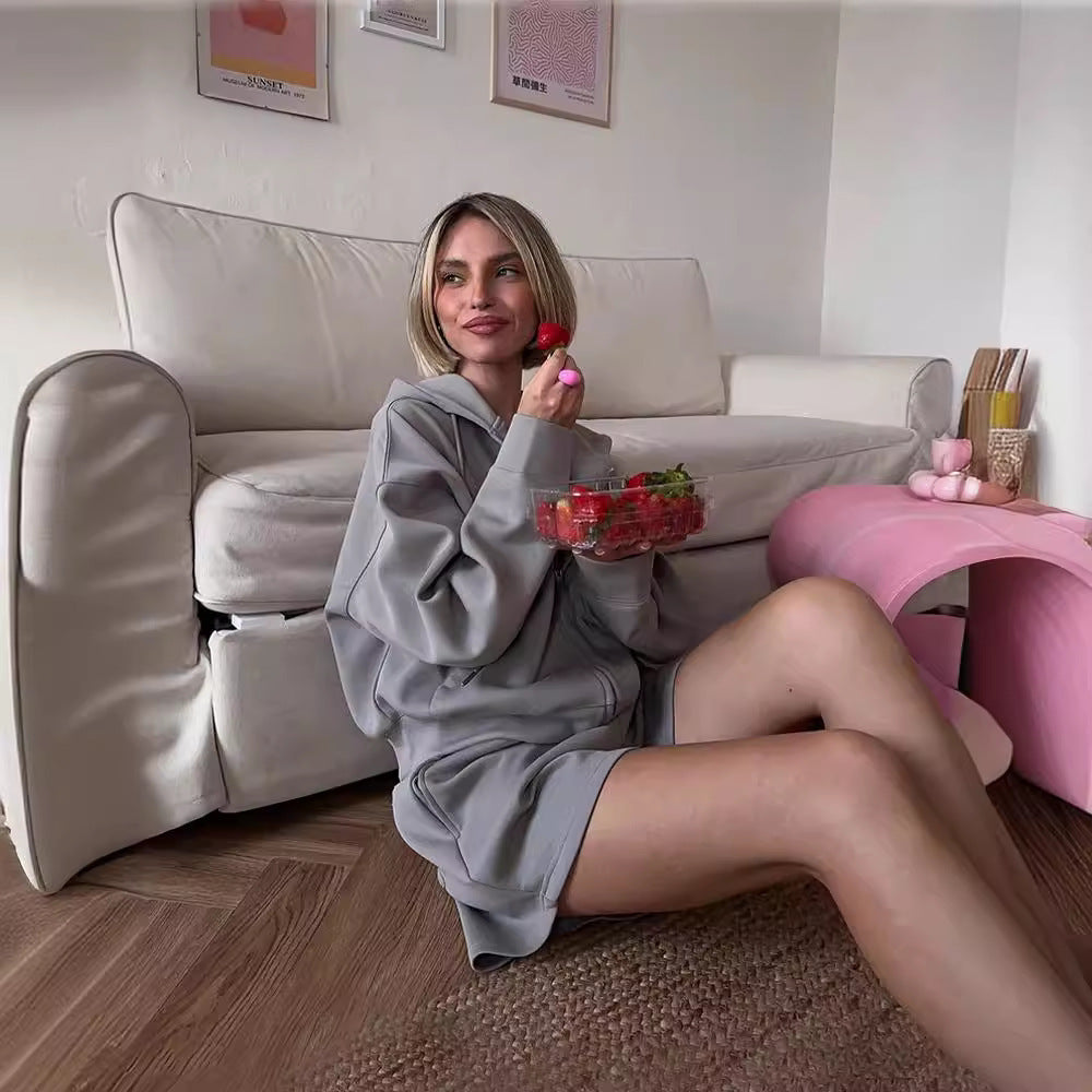 Damen nan kurzes Kapuzen-Sweatshirt mit Reißverschluss und elastischer Highwaist-Relax-Shorts Set EB
