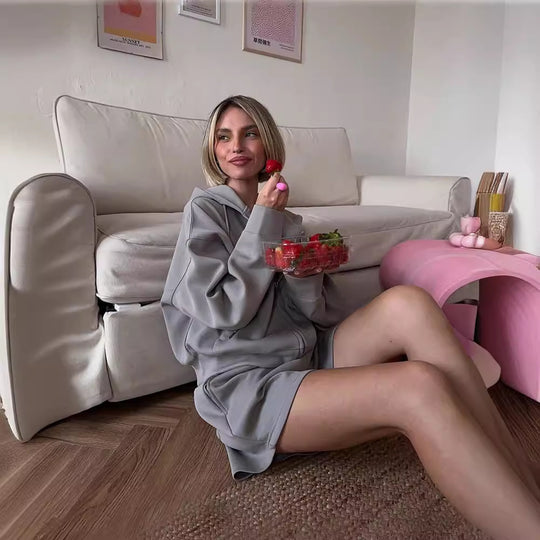Damen nan kurzes Kapuzen-Sweatshirt mit Reißverschluss und elastischer Highwaist-Relax-Shorts Set EB