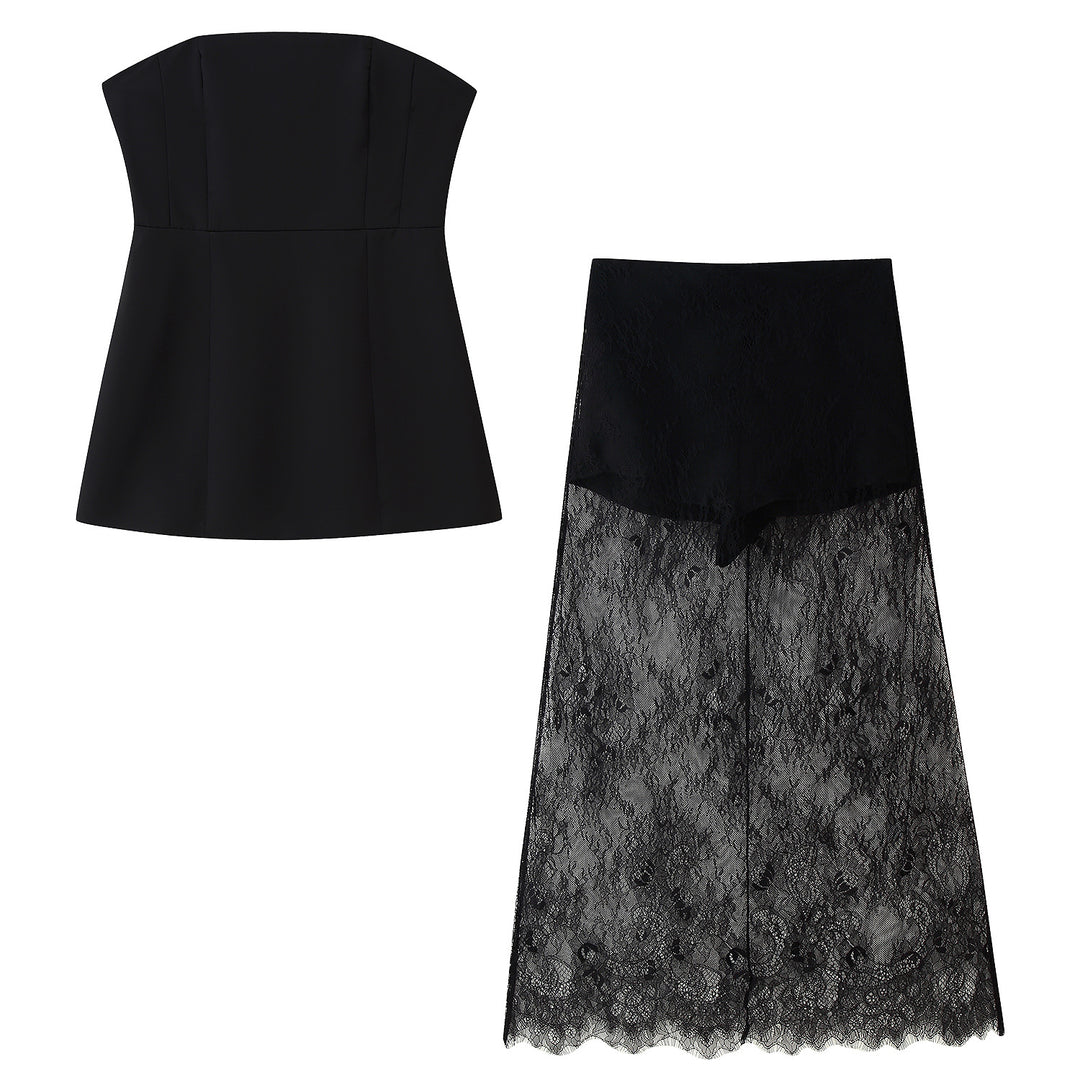 Damen Crop-Top und langer Spitzenrock Set EB