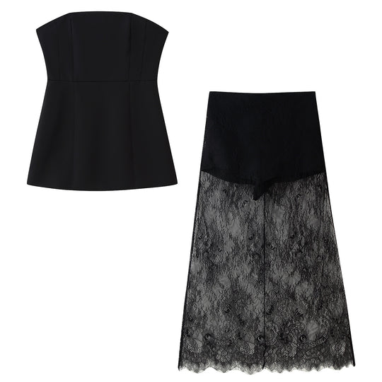 Damen Crop-Top und langer Spitzenrock Set EB