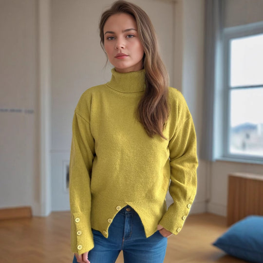 Damen modischer Rollkragenpullover mit Knopfdetails und asymmetrischem Saum EB