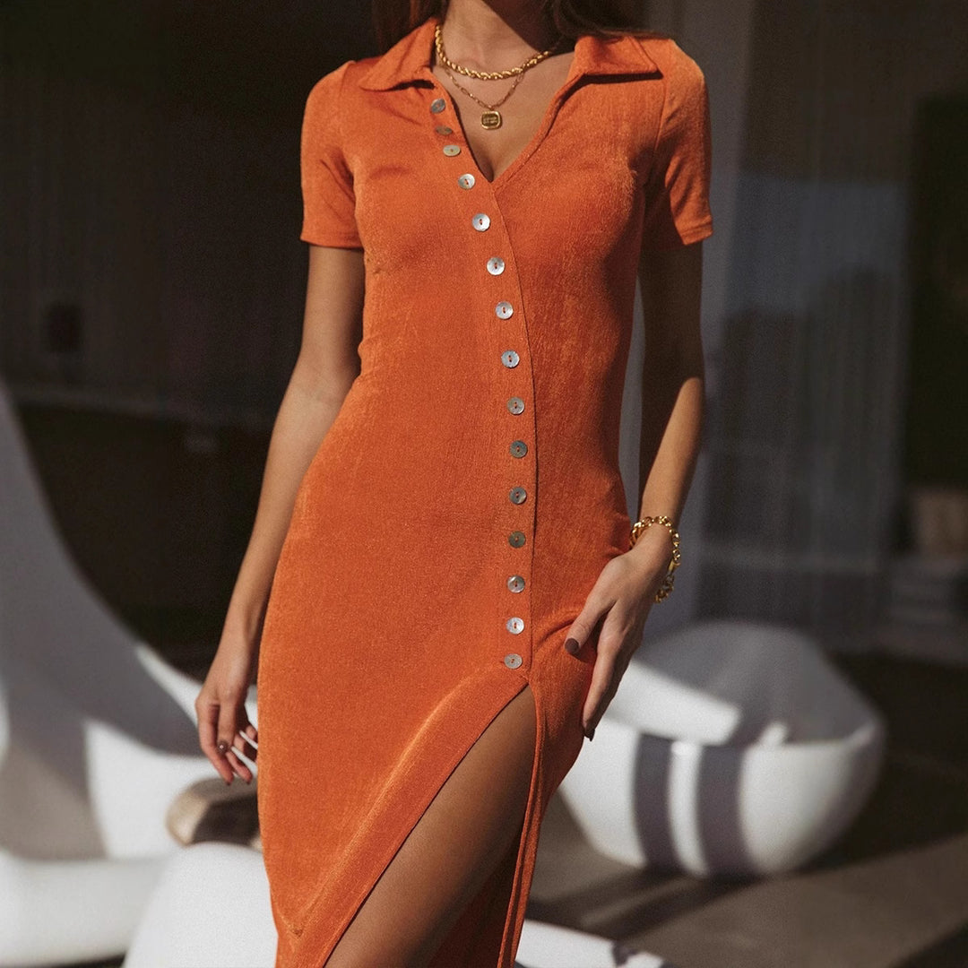 Damen Kleid mit raffiniertem V-Ausschnitt und Knopfdetails EB