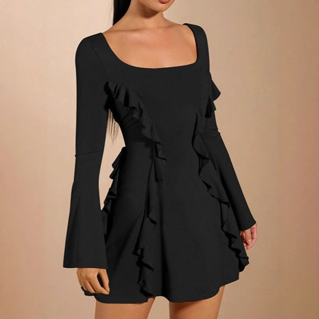 Damen elegantes Rüschenkleid mit tiefem Ausschnitt und langen Ärmeln EB
