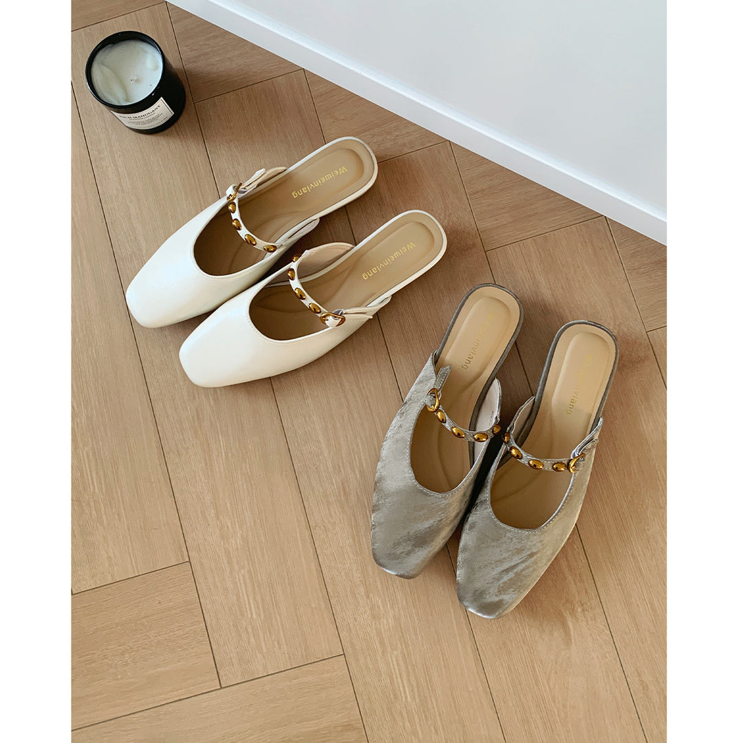 Damen elegante Mules mit komfortablem Riemen und schimmerndem Obermaterial EB
