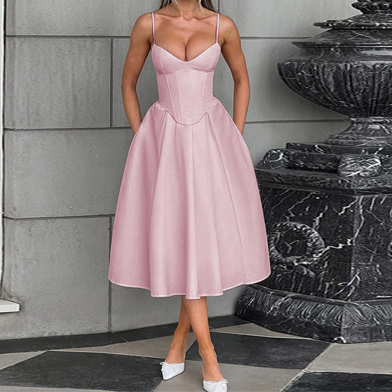 Damen Midikleid mit herzförmigem Ausschnitt und schwingendem Rock EB
