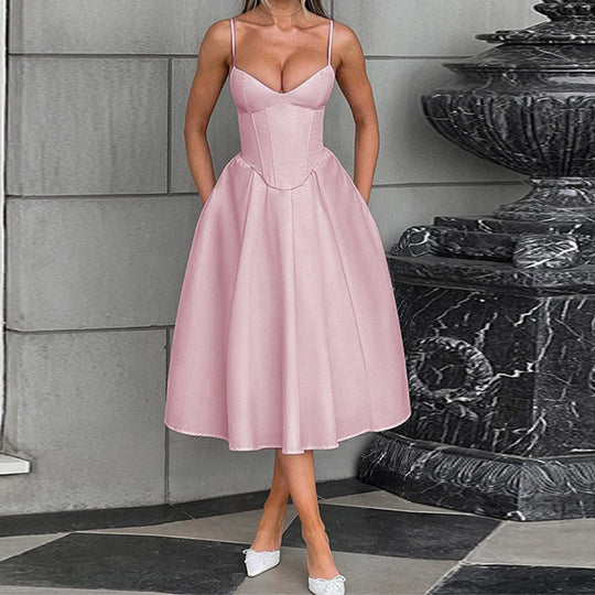 Damen Midikleid mit herzförmigem Ausschnitt und schwingendem Rock EB