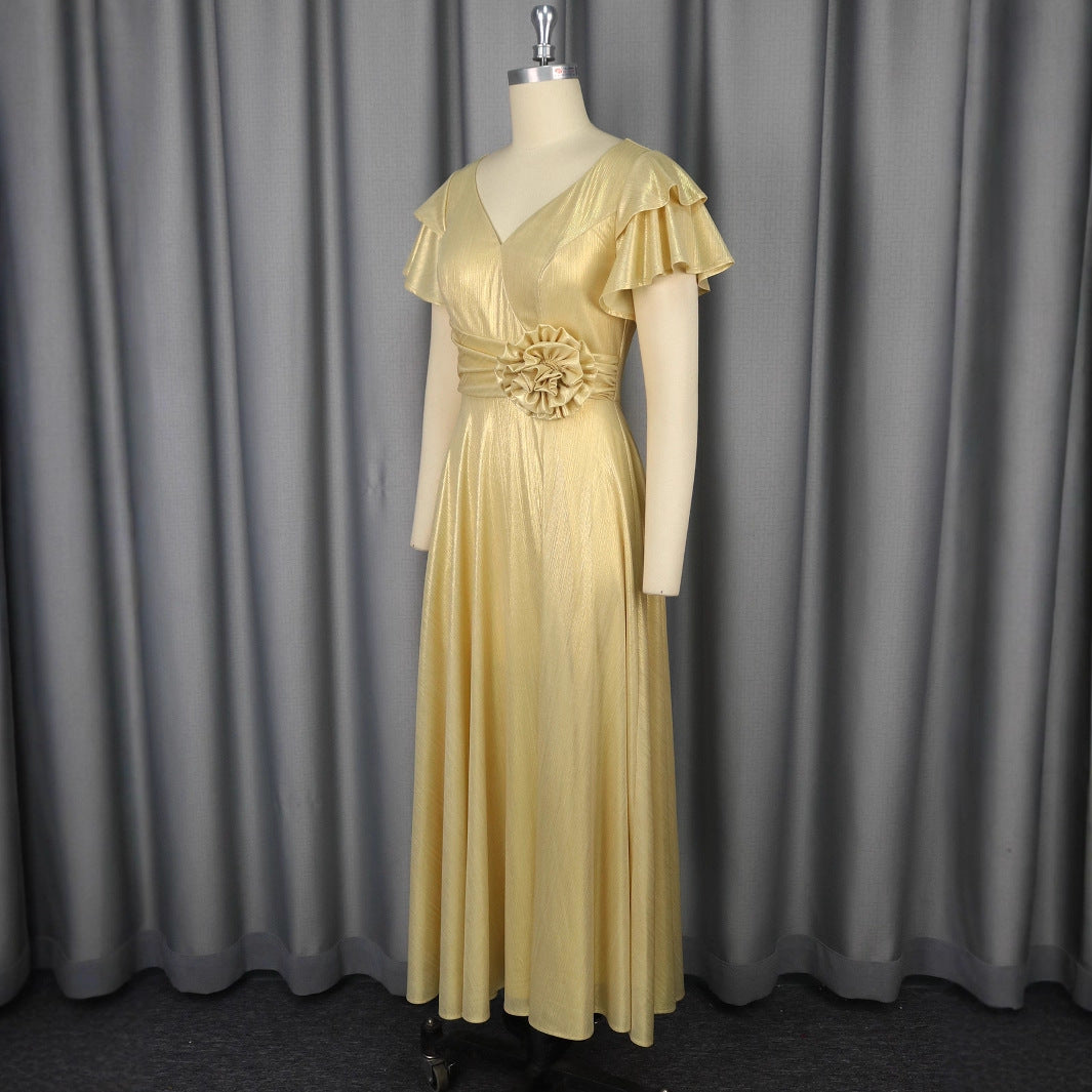 Damen glamouröses Abendkleid mit elegantem V-Ausschnitt und voluminösen Rüschensäumen EB