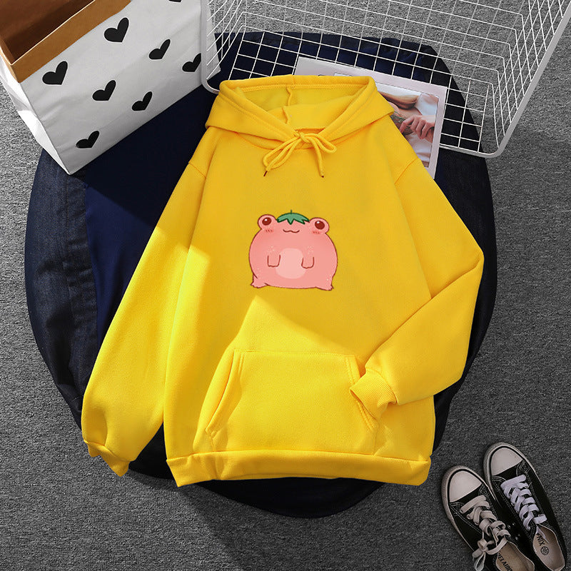 Damen nan oversized Kapuzenpullover aus Microfleece mit Cartoonfrosch-Motiv und Kängurutasche EB