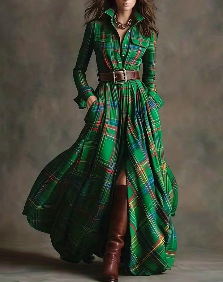 Damen nan karierte Maxikleid Hemdblusenkleid mit ausgestelltem Rock und breitem Taillengürtel EB