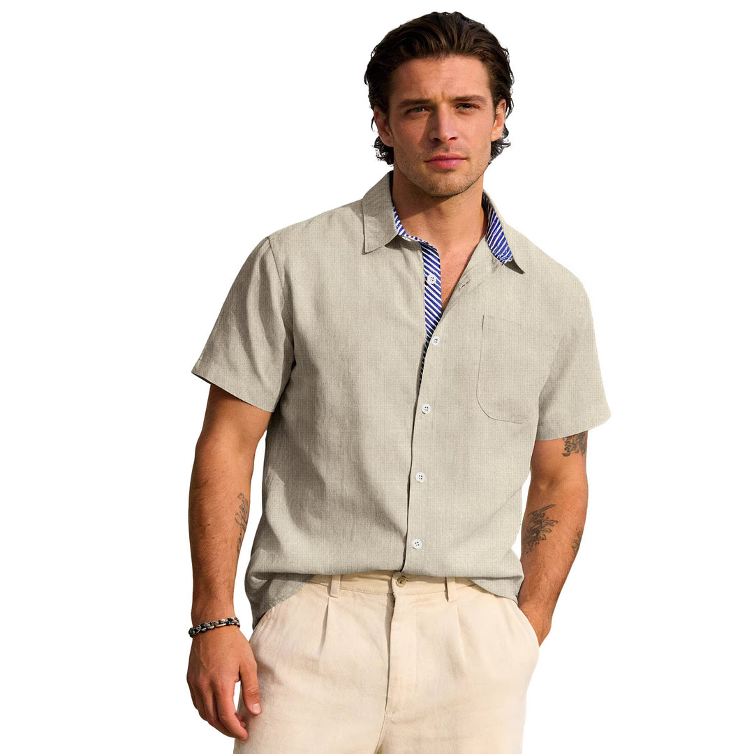 Herren nan Business-Casual Kurzarmhemd mit gestreiftem Kragenfutter und Brusttasche EB