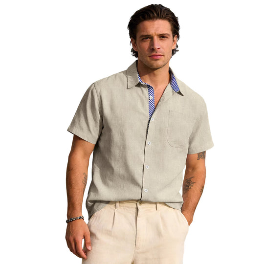 Herren nan Business-Casual Kurzarmhemd mit gestreiftem Kragenfutter und Brusttasche EB