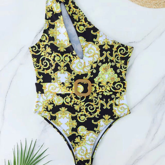 Damen Einteiler Badeanzug mit asymmetrischem Schnitt und elegantem Gürtel EB