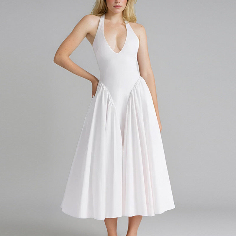 Damen Midikleid mit tiefem V-Ausschnitt und fließendem Rock EB