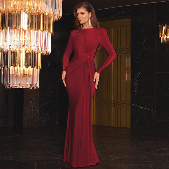 Damen Elegantes Langarm-Maxikleid mit Raffungen EB