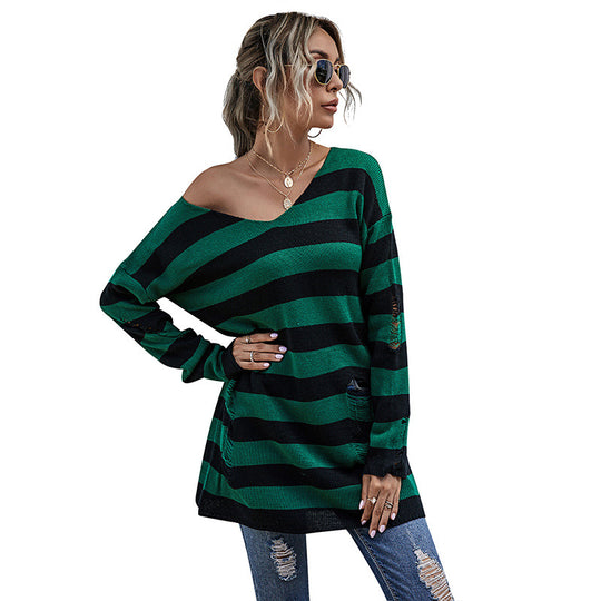 Damen gestreifter Oversized Pullover mit tiefem V-Ausschnitt und trendigen Cut-Outs EB